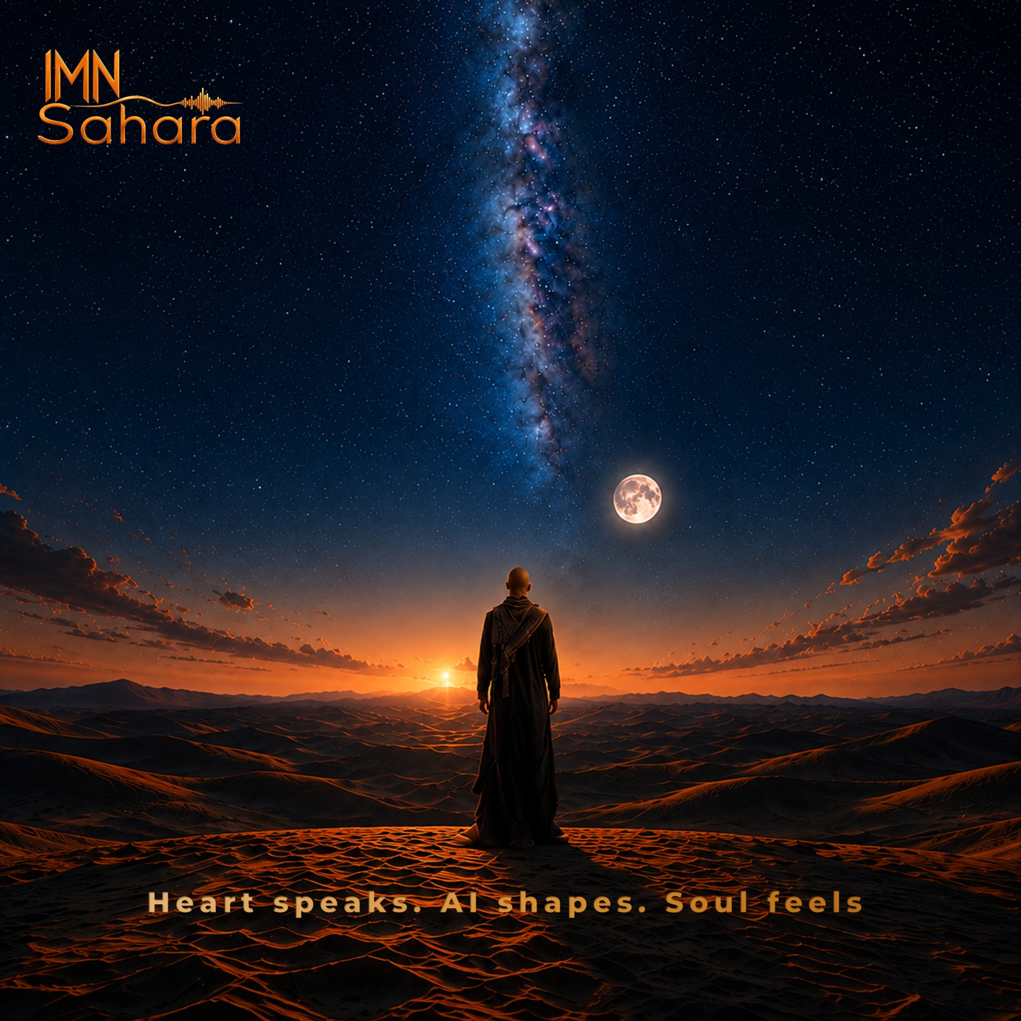 Cinematic IMN Sahara desert artwork with a lone figure beneath the night sky